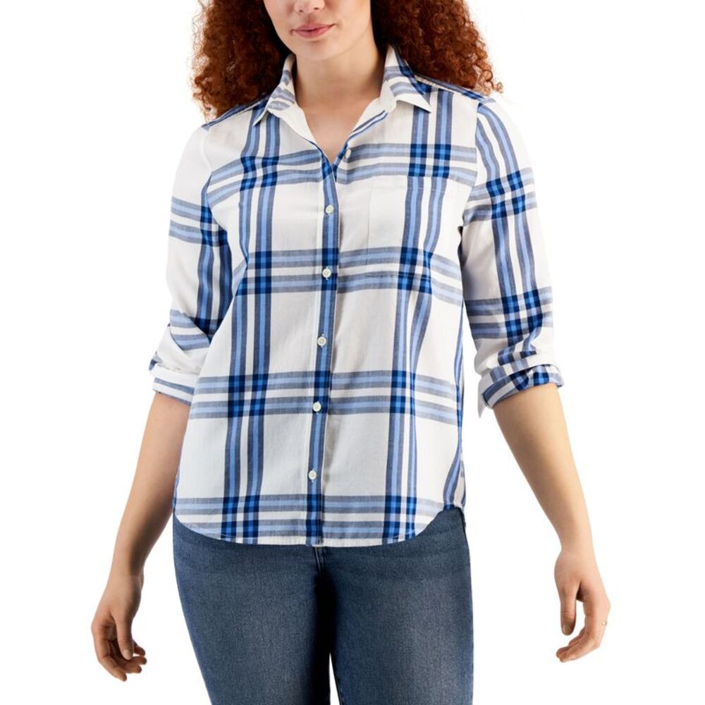 Style & Co Womens Cotton Plaid Button Front Shirt